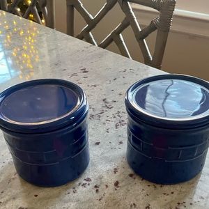 2 Longaberger Pottery Cornflower Blue Pint Size Candle Crocks w Coasters/Lids